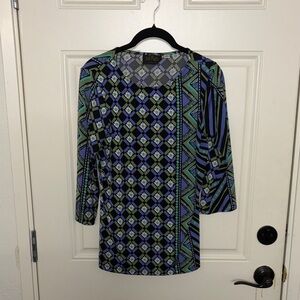 Bob Mackie Geometric Long Sleeve Top - Black, Blue, Green